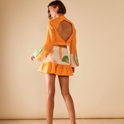 Aspasia, Printed panels turtle neck linen cropped top with cut-out back
