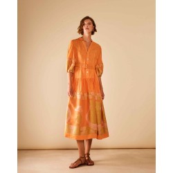 Antheia Loom-paneled sharp tailored linen-viscose midi belted dress.