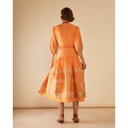 Antheia Loom-paneled sharp tailored linen-viscose midi belted dress.