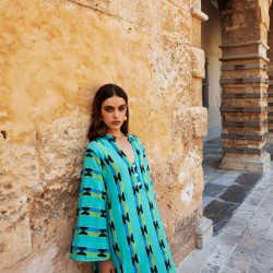 Gaia, Loomed crinkled cotton maxi bell- sleeves kaftan