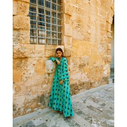 Gaia, Loomed crinkled cotton maxi bell- sleeves kaftan