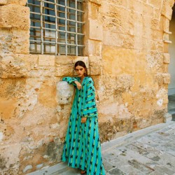 Gaia, Loomed crinkled cotton maxi bell- sleeves kaftan